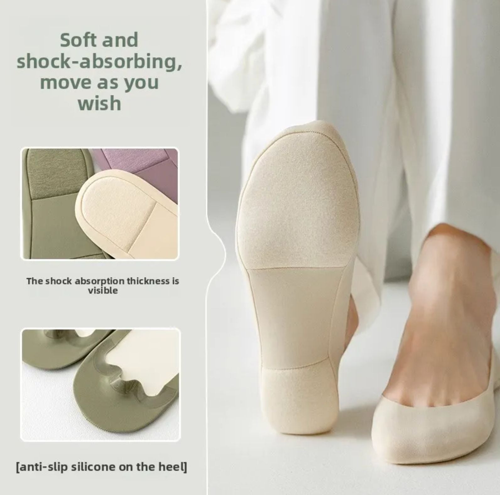 Shock-absorbing footbed and anti-slip silicone heel