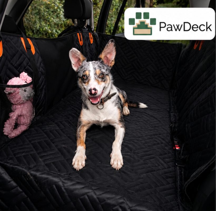 Dog settled on the installed PawDeck seat protector