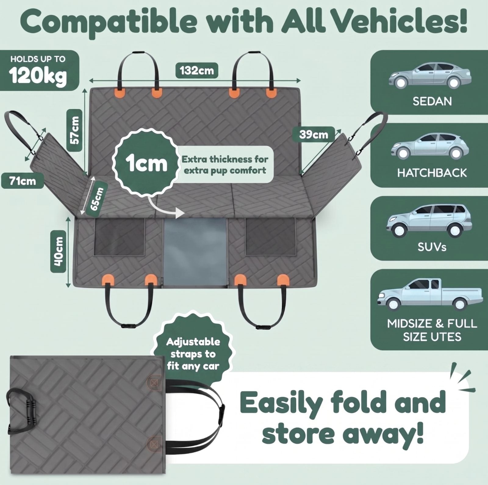Dimensions and vehicle compatibility — sedan, hatchback, SUV and ute